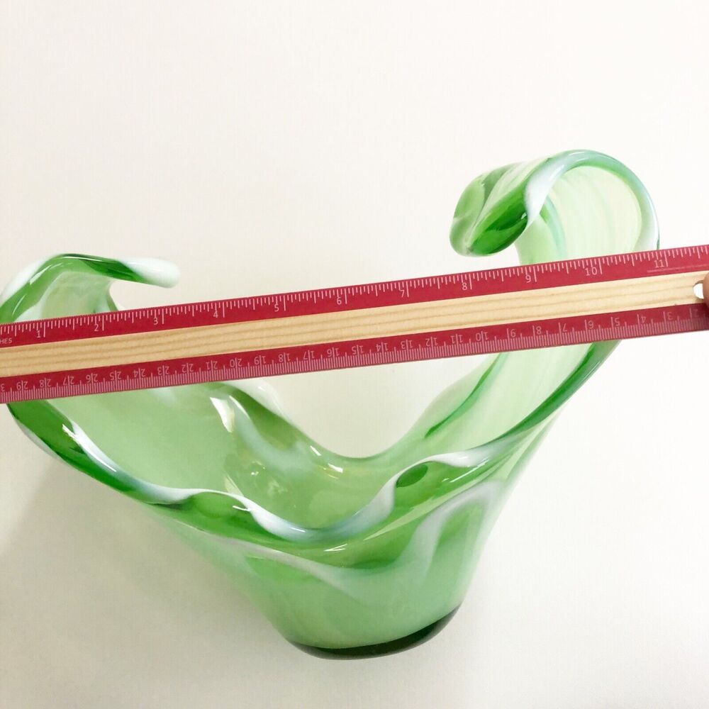 Murano ? Hand Blown Art Glass Milk Green Vessel Console Bowl Wave White Ribbon - Picture 11 of 11
